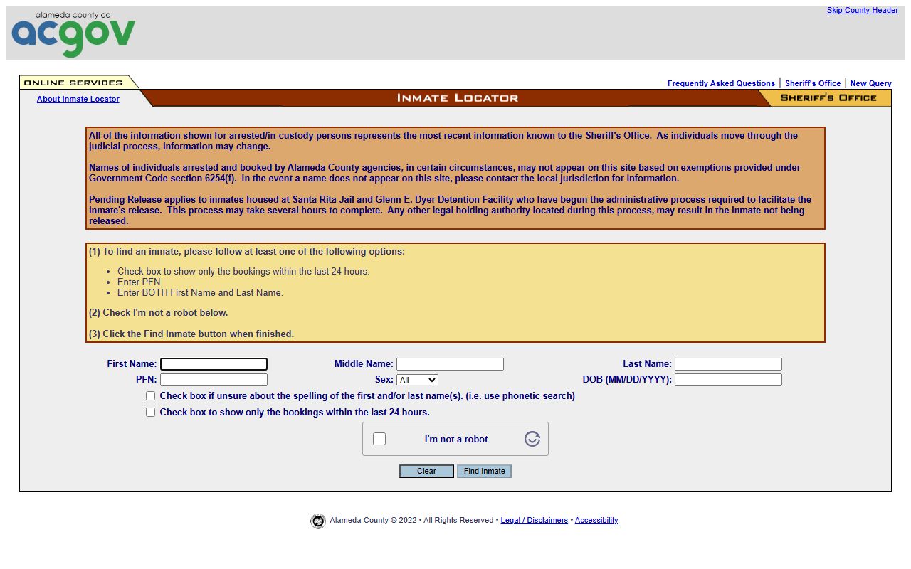 Alameda County inmate population ACSO Inmate Locator search form
